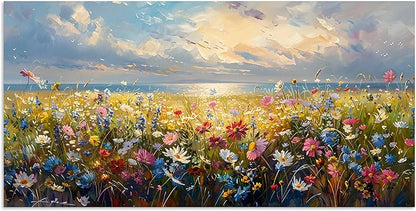TutuBeer 1 Pcs Wildflower Field Artwork Rustic Wildflower Field at Beach Vintage Wall Art Canvas Prints Wild Flower Wall Art Rustic Style Kitchen Office Farmhouse Bathroom Decor 8x16inch