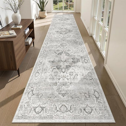 Washable Runner Rug 2.6x10- Non Slip Vintage Hallway Runner Rugs for Kitchen, Stain Resistant Long Carpet for Living Room Entryway Bedroom Laundry Ivory/Gray