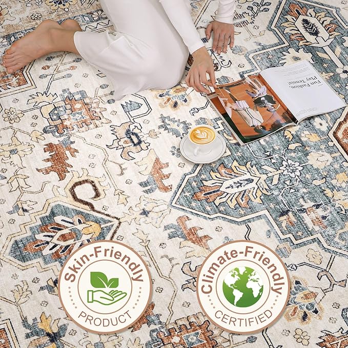 8x10 Area Rugs Living Room: Washable Boho Large Neutral Vintage Soft Rug Stain Resistant Distressed Farmhouse Non-Slip Indoor Floor Carpet for Bedroom Nursery Kids Office Dining Room- Beige Blue