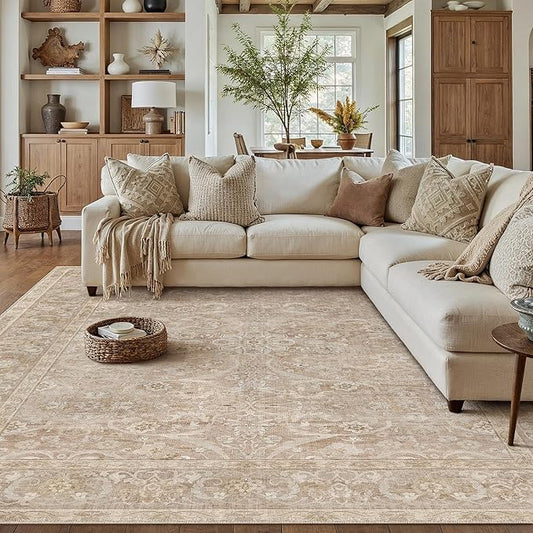 PureCozy Brown 8x10 Area Rug Washable Living Room Vintage Carpet Bedroom Large Indoor Non Slip Soft Low Pile Thin Stain Resistant Distressed Accent Throw Rug for Dining Office Nursery