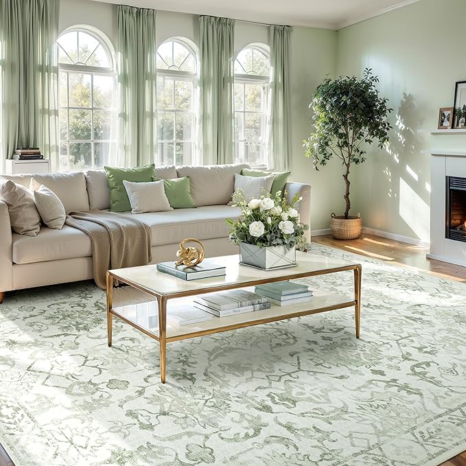 Deerly Sage Neutral Large Area Rug 9x12 for Living Room, Washable Rug for Dining Room Bedroom, Anti-Slip Low-Pile and Soft Accent Rug Farmhouse Office Home Decor Light Green