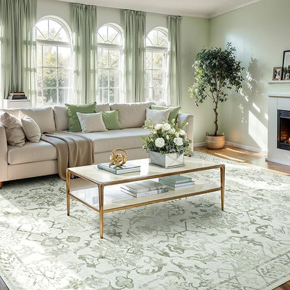Deerly Sage Neutral Large Area Rug 9x12 for Living Room, Washable Rug for Dining Room Bedroom, Anti-Slip Low-Pile and Soft Accent Rug Farmhouse Office Home Decor Light Green