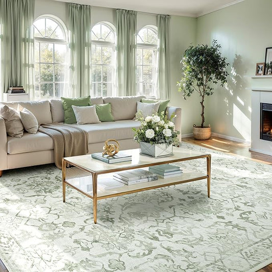 Deerly Sage Neutral Large Area Rug 9x12 for Living Room, Washable Rug for Dining Room Bedroom, Anti-Slip Low-Pile and Soft Accent Rug Farmhouse Office Home Decor Light Green
