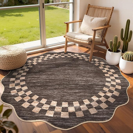 6ft Washable Round Rug for Entryway Modern Checkered Bedroom Circle Rug Non Slip Soft Dining Room Round Throw Carpet Large Stain Resistant Border Round Rugs for Living Room Kitchen Bathroom, Brown
