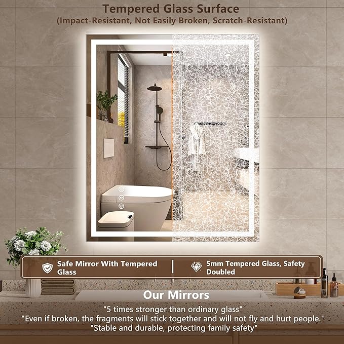 40x30 Inch LED Lighted Bathroom Mirror - Anti-Fog Vanity Mirror with Dimmable Front & Backlit, 3 Color Temp, Smart Memory - Shatterproof HD Glass, IP54 Waterproof Wall Mounted for Makeup Shaving