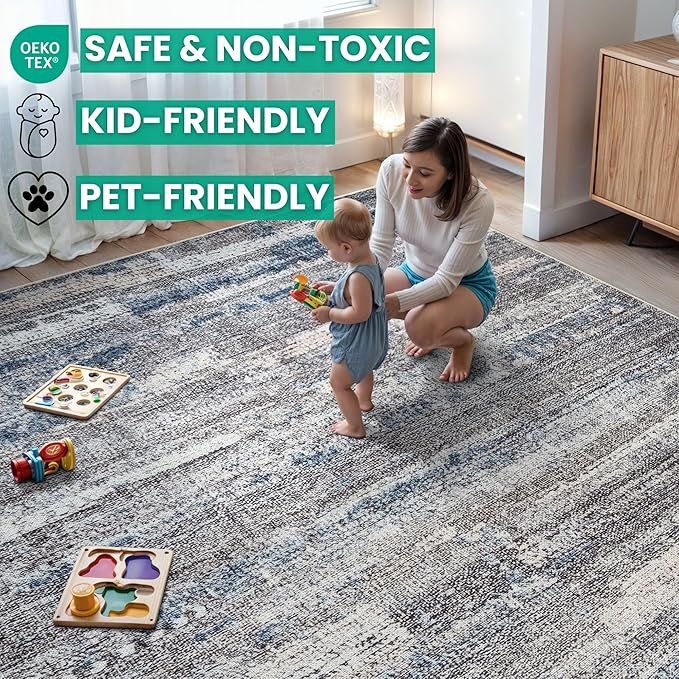 Bloom Rugs Washable Non-Slip 2' x 3' Rug - Gray/Blue/Blush Modern Abstract Area Rug for Living Room, Bedroom, Dining Room, and Kitchen - Exact Size: 2' x 3'