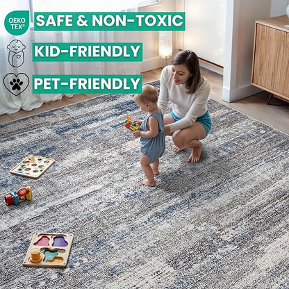 Bloom Rugs Washable Non-Slip 4' x 6' Rug - Gray/Blue/Blush Modern Abstract Area Rug for Living Room, Bedroom, Dining Room, and Kitchen - Exact Size: 4' x 6'