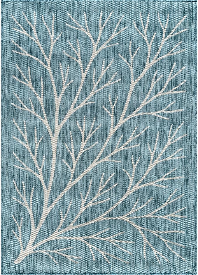 Washable Indoor Outdoor Rug 5x7 Modern Area Rugs Branch Pattern Non Shedding Waterproof Easy Clean Patio Deck Porch Living Room Bedroom Garden RV (5 X 7 Aqua)