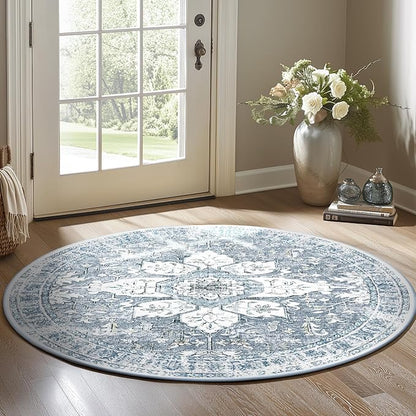 BESTSWEETIE 4ft Area Rug Washable Rugs for Living Room, No Pile Boho Carpet for Entryway Bedroom Dinning Room, Vintage Carpet Print Distressed Non-Slip, 48" Round, Blue Grey White