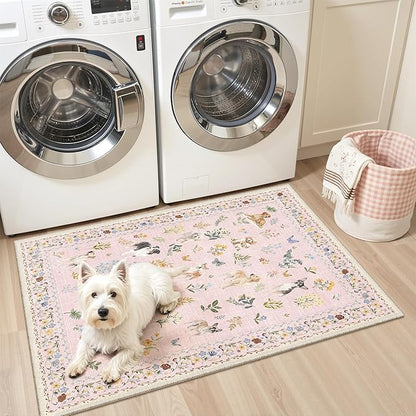 Soalmost 2x3 Dog Rugs for Entryway, Machine Washable Door Mat Animal Floral Small Area Rug Non-Slip Low Pile Soft Throw Rugs for Entrance Kitchen Indoor Front Door Kids Room (2 x 3,Pink)