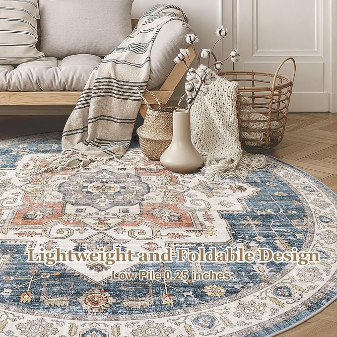 6x6 Round Area Rugs Washable Vintage - Soft Traditional Rugs for Living Room Large Non Slip Backing with Low Pile Farmhouse Oriental Retro Carpet for Bedroom Dining Room or Home Office - Blue