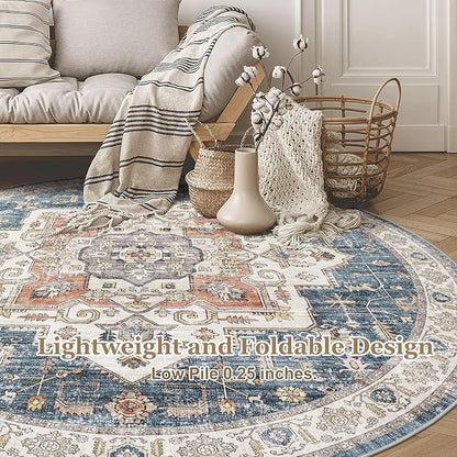 6x6 Round Area Rugs Washable Vintage - Soft Traditional Rugs for Living Room Large Non Slip Backing with Low Pile Farmhouse Oriental Retro Carpet for Bedroom Dining Room or Home Office - Blue