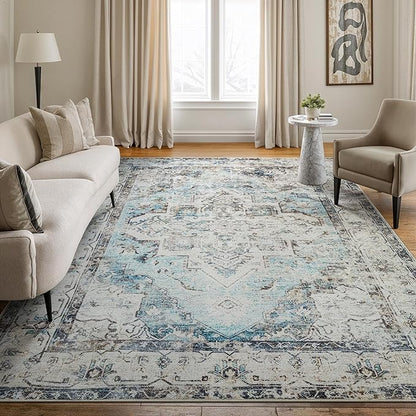 Bloom Rugs Washable Non-Slip 10x14 Rug - Beige/Blue Traditional Oriental Area Rug for Living Room, Bedroom, Dining Room, and Kitchen - Exact Size: 10' x 14'