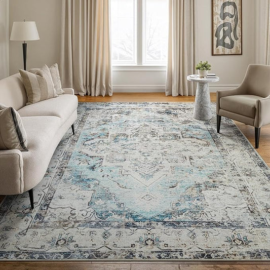 Bloom Rugs Washable Non-Slip 10x14 Rug - Beige/Blue Traditional Oriental Area Rug for Living Room, Bedroom, Dining Room, and Kitchen - Exact Size: 10' x 14'