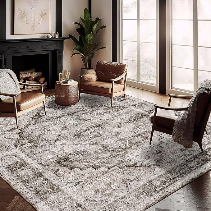 CHAMPLANT Washable Area Rug 10'x14' Deep Khaki Retro Flowers Boho Design Non-Shedding Easy Care Ideal for High Traffic Areas in Living Room Bedroom Office Coffee Table Kitchen Large Carpet