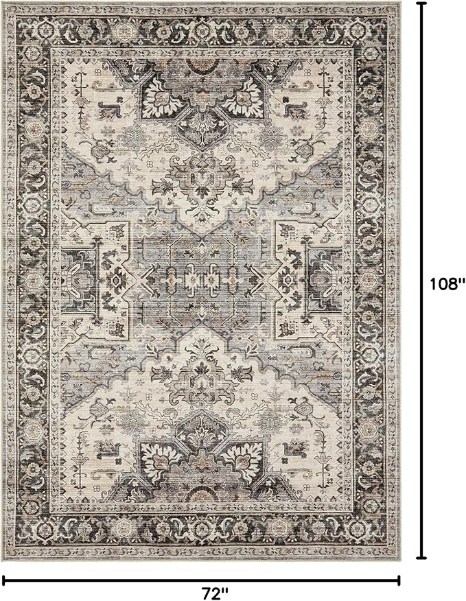 Area Rug for Living Room - 6x9 Soft Machine Washable Oriental Vintage Floral Distressed Large Indoor Floor Carpet for Bedroom Under Dining Table Home Office Decor - Brown