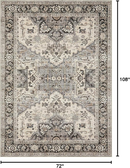 Area Rug for Living Room - 6x9 Soft Machine Washable Oriental Vintage Floral Distressed Large Indoor Floor Carpet for Bedroom Under Dining Table Home Office Decor - Brown