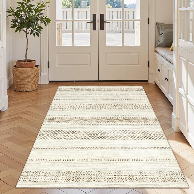 Miukiki 4x6 Area Rug for Living Room Moroccan Washable Rugs Non Slip Indoor Floor Carpet Foldable Large Soft Area Rug for Dining Room Bedroom with Low Pile(Brown,4'x6')