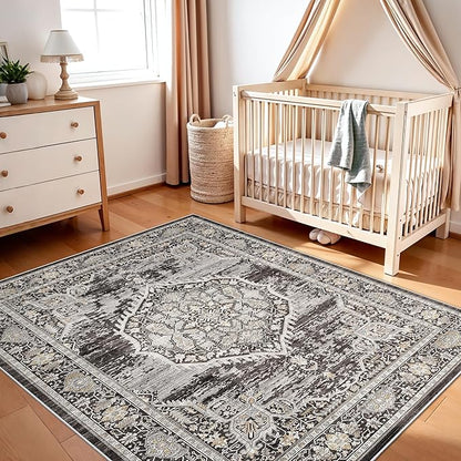 Washable Area Rugs 5x6 Entryway: Soft Ultra Thin Low Pile Mat Machine Washable Indoor Doormat Lightweight Entry Rug Anti Slip Backing Rugs for Living Room Bedroom Kitchen 5'x6' Black
