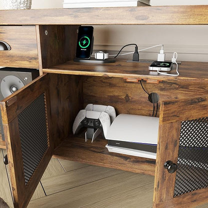 TV Stand for TV up to 55 Inches,Farmhouse Entertainment Center with 2 Drawers & Storage Cabinets, Industrial Media Console Table with Small Speaker Stand for Living Room, Bedroom, Rustic Brown