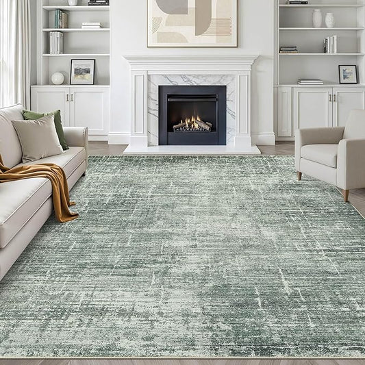 9x12 Area Rug Living Room: Washable Large Neutral Rugs Abstract Soft Modern Stain Resistant Indoor Floor Non-Slip Carpet for Bedroom Nursery Kids Office Playroom Dining Room Under Table- Dark Green
