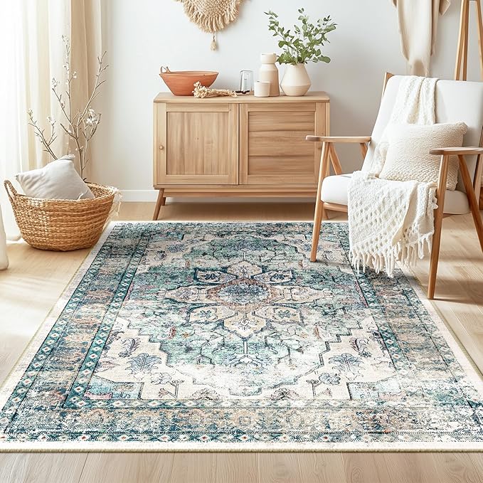BESTSWEETIE 4x6 Area Rug Washable Rugs for Living Room, No Pile Boho Carpet for Entryway Bedroom Dinning Room, Vintage Carpet Print Distressed Non-Slip, 4 x 6 ft, Green