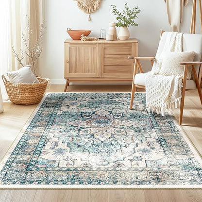 BESTSWEETIE 3x5 Area Rug Washable Rugs for Living Room, No Pile Boho Carpet for Entryway Bedroom Dinning Room, Vintage Carpet Print Distressed Non-Slip, 3 x 5 ft, Green