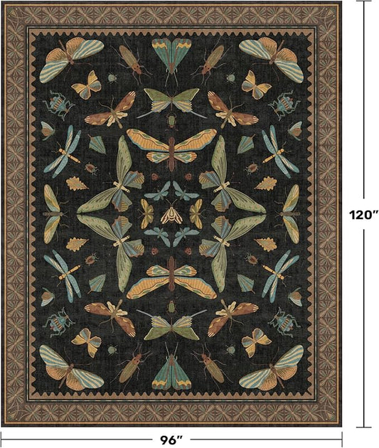 Hazo Haus Black Washable Insect Area Rugs 8x10 for Living Room, Bedroom, Dining Room Under Table, Playroom, Large Dark Whimsical Boho Indoor Rug, Ultra Soft Low Pile Non Slip