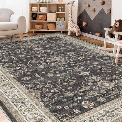 Area Rug for Living Room - 8x10 Soft Washable Oriental Vintage Floral Distressed Large Carpet - Fade Stain Resistant Non Slip Rugs for Bedroom Dining Room Nursery Dorm Office Home Decor - Black