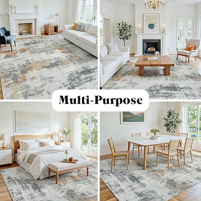 Area Rug 6x9 Living Room Rug Washable: No-Slip Abstract Soft Thin Large Grey Rugs, Indoor Floor Stain Resistant Modern Carpet for Bedroom Dining Room Farmhouse Nursery Home Office (Grey, 6'x9')