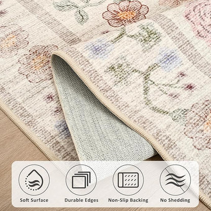 Maxsoft Large Area Rugs for Living Room Bedroom, 5x7 Washable Floral Area Rugs, Non-Slip and Stain Resistant Soft Throw Indoor Carpet for Dining Room Office Kitchen Dorm Home Decor, Pink