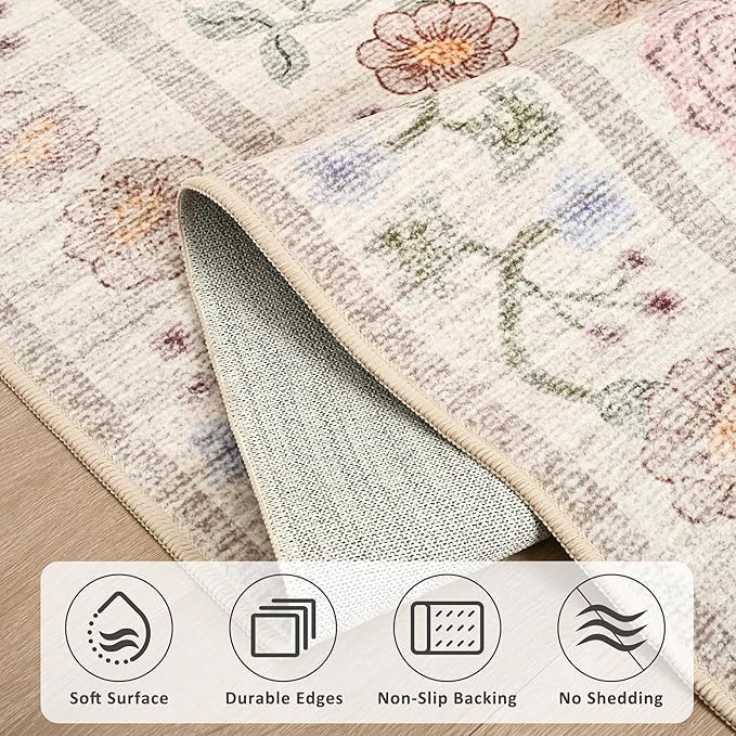 Maxsoft 8x10 Area Rugs for Living Room Bedroom, Floral Vintage Large Rug with Rubber Backing: Soft Non-Slip and Washable Low Pile Throw Carpet for Dining Room Kitchen Home Decor, Pink