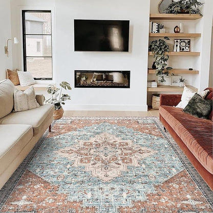 BILEEHOME Bohemian Rug 5x7 for Living Room Washable Machine Weave Mid Century Modern Bright Colors Dynamic Colorful 70s Funky Vintage Area Rugs,Terracotta Rust Burnt Orange and Turquoise Blue