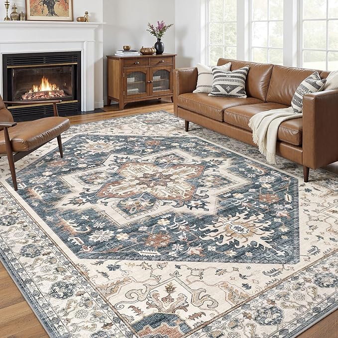 10x14 Area Rugs for Living Room - Large Carpet Ultra Thin Soft Washable Oriental Vintage Floral Distressed Rug Big Indoor Carpets for Bedroom Nursery Dorm Home Decor Aesthetic - Vintage Blue