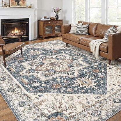 10x14 Area Rugs for Living Room - Large Carpet Ultra Thin Soft Washable Oriental Vintage Floral Distressed Rug Big Indoor Carpets for Bedroom Nursery Dorm Home Decor Aesthetic - Vintage Blue
