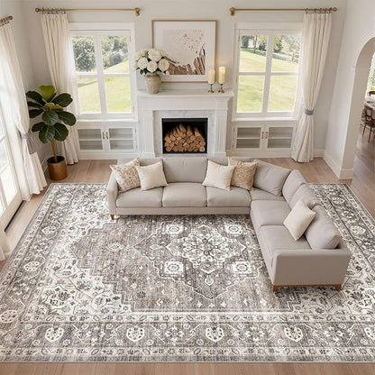 10x14 Area Rugs Living Room: Washable Boho Large Neutral Vintage Soft Rug Stain Resistant Farmhouse Non-Slip Indoor Rustic Floor Carpet for Bedroom Nursery Kids Playroom Office Dining Room- Dark Brown