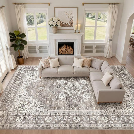 10x14 Area Rugs Living Room: Washable Boho Large Neutral Vintage Soft Rug Stain Resistant Farmhouse Non-Slip Indoor Rustic Floor Carpet for Bedroom Nursery Kids Playroom Office Dining Room- Dark Brown
