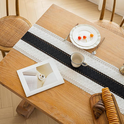 FEXIA Boho Table Runner for Summer Home Decor with Tassels 108 Inches Long Farmhouse Rustic Black Gothic Table Runner Macrame Gothic Burlap Table Decoration for Kitchen Living Room (12x108 Inches)