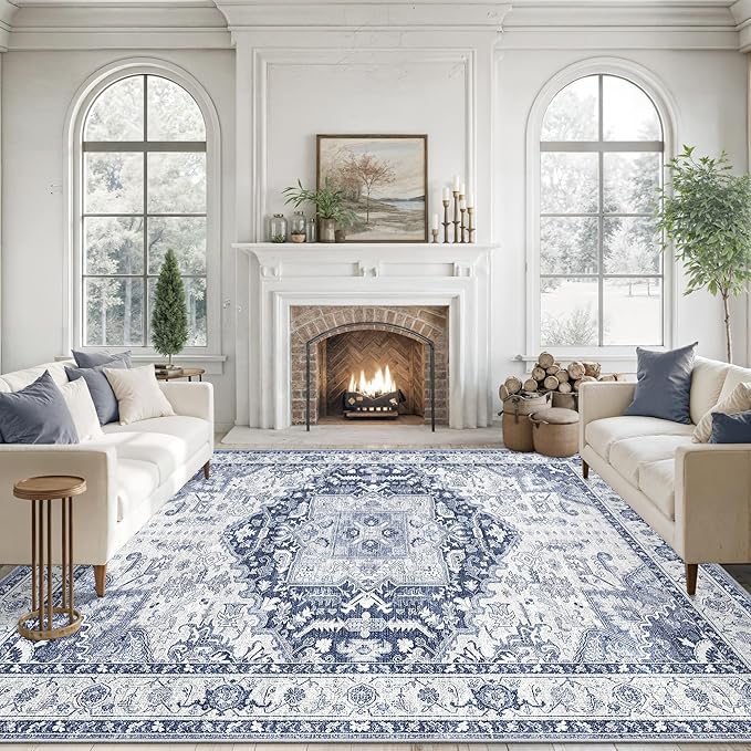 8x10 Area Rugs for Living Room, Machine Washable Non Slip Vintage Rug, Non-Slip Stain Resistant, Large Soft Home Decor Rug for Bedroom Dining Room (Navy/Blue,8'x10')