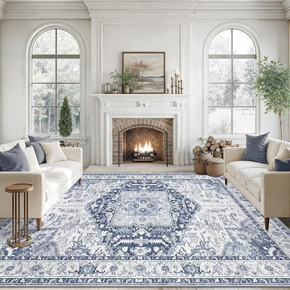10x14 Area Rugs for Living Room, Machine Washable Non Slip Vintage Rug, Non-Slip Stain Resistant, Large Soft Home Decor Rug for Bedroom Dining Room (Navy/Blue,10'x14')