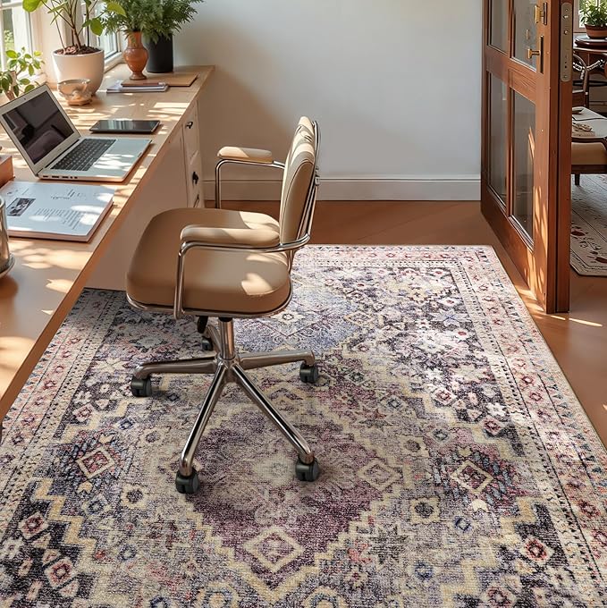 YOH Boho Washable Rug 6x9, Mauve Grey Vintage Non Slip Area Rug, Distressed Indoor Carpet for Living Room Bedroom Kitchen Office