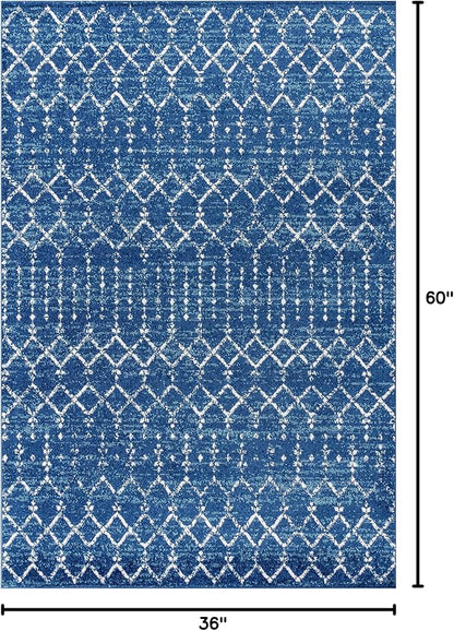 JONATHAN Y Boho Vintage Diamond Blue/White Indoor Area Rug 3X5 ft, Moroccan Hype for Living Room, Bedroom, Kitchen, Office, Easy-Cleaning, High Traffic, Pet-Friendly, Non-Shedding (MOH101A-3)