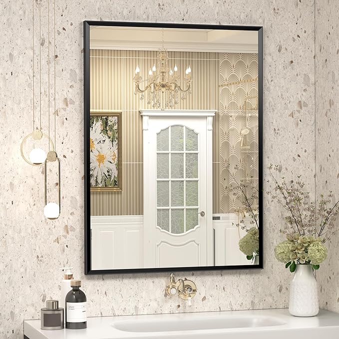 Matte Black Framed Bathroom Mirror 24"x 32", Rectangular Beveled Vanity Mirror with Aluminum Alloy Frame, Right Angle Corner, HD Reflection, Horizontal or Vertical Wall-Mounted