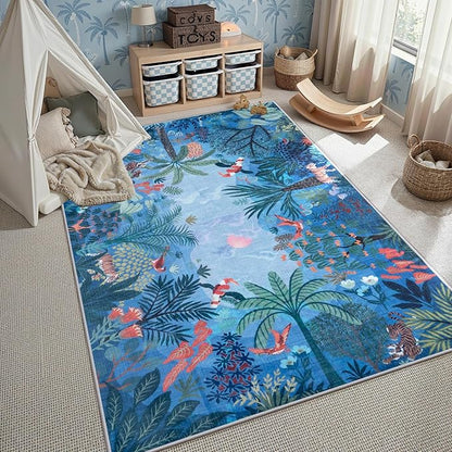 LIVEBOX Washable Jungle Animal Print 5x7 Blue Rug for Living Room, Non-Slip Kids Bedroom Rugs for Boy Playroom Kid Baby Room, Soft Stain Resistant Blue and Green Rug for Nursery Boy Dining