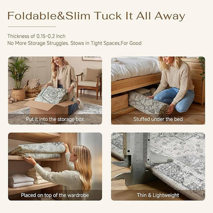 PureCozy Gray 5x7 Area Rug Washable Vintage Living Room Carpet Non Slip Retro Distressed Low Pile Soft Oriental Medallion Thin Grey Throw Rug for Kitchen Bathroom Office Bedroom Dining Room