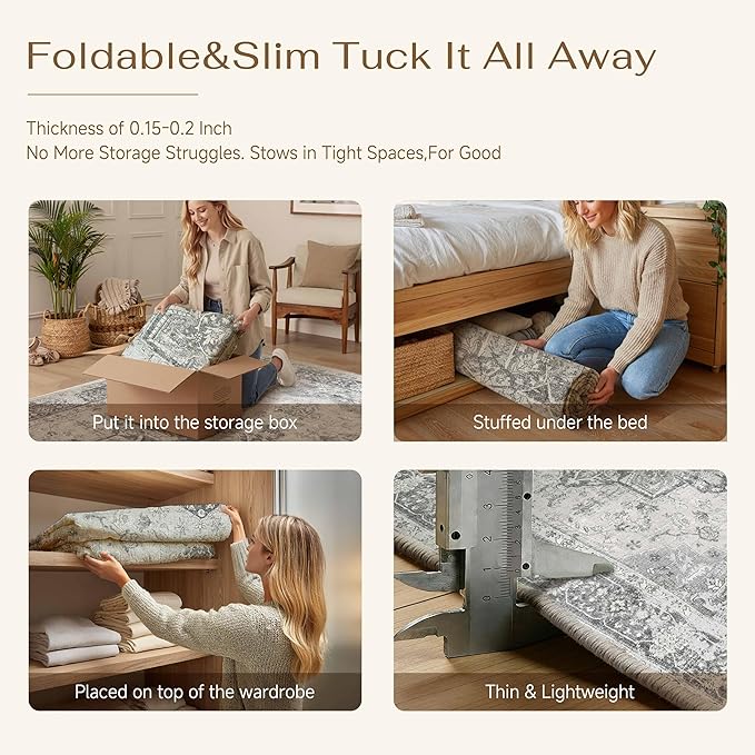 PureCozy Gray 8x10 Area Rug Washable Vintage Living Room Carpet Non Slip Retro Distressed Low Pile Soft Oriental Medallion Thin Large Grey Throw Rug for Office Bedroom Dining Room Playroom