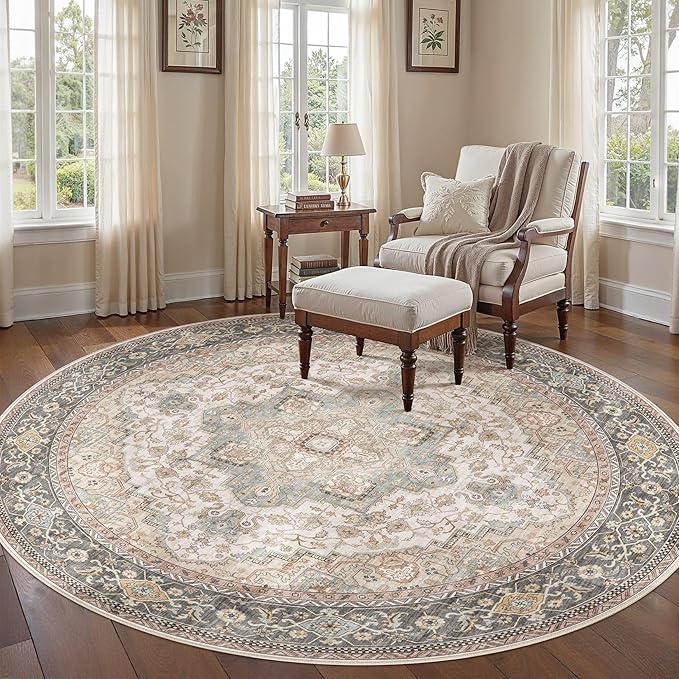 EIEIHOUSE 8ft Round Rugs for Living Room - Washable Neutral Vintage Distressed Farmhouse Large Soft Floor Area Rug Indoor Carpet for Bedroom Dining Room Office -Forest Green Orange