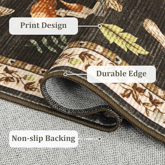 ROYHOME Mushroom Washable Rug 9x12 Area Rugs for Living Room, Insect Print Rug for Bedroom, Non Slip Throw Rugs with Rubber Back, Soft Low Pile Dining Room Under Table, Brown