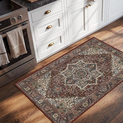 2x3 Washable Small Front Door Maroon with Vintage Orient Design, Soft Rug for Entryway or Kitchen, Non-Slip Low Pile Stain Resistance Features, Distressed Medallion Pattern