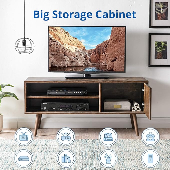 Cozy Castle TV Stand for 48-55 Inch TV, Mid Century Modern Entertainment Center with Storage Cabinet, TV Media Console with Charging Station for Living Room (Brown, 43.3" W x 15.7" D x 19.5" H)
